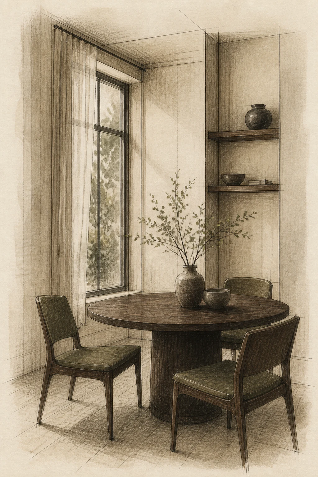 Hand-rendered dining nook study with dark oak, tailored chairs, and ceramics