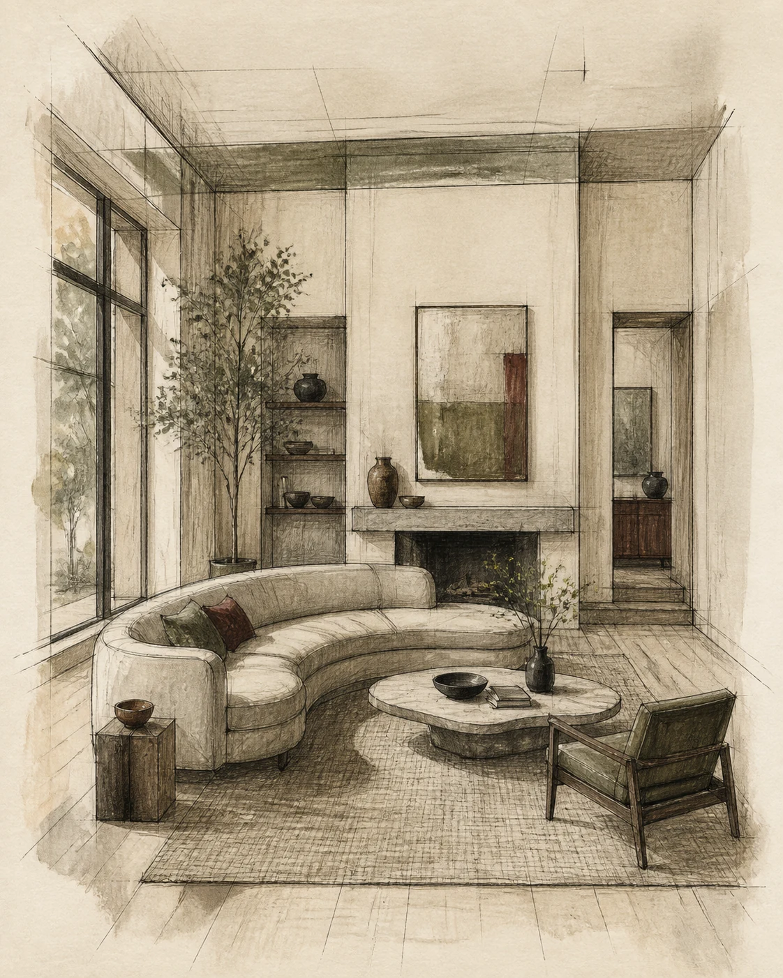 Hand-rendered living room study in graphite, ink, moss, and oxblood washes
